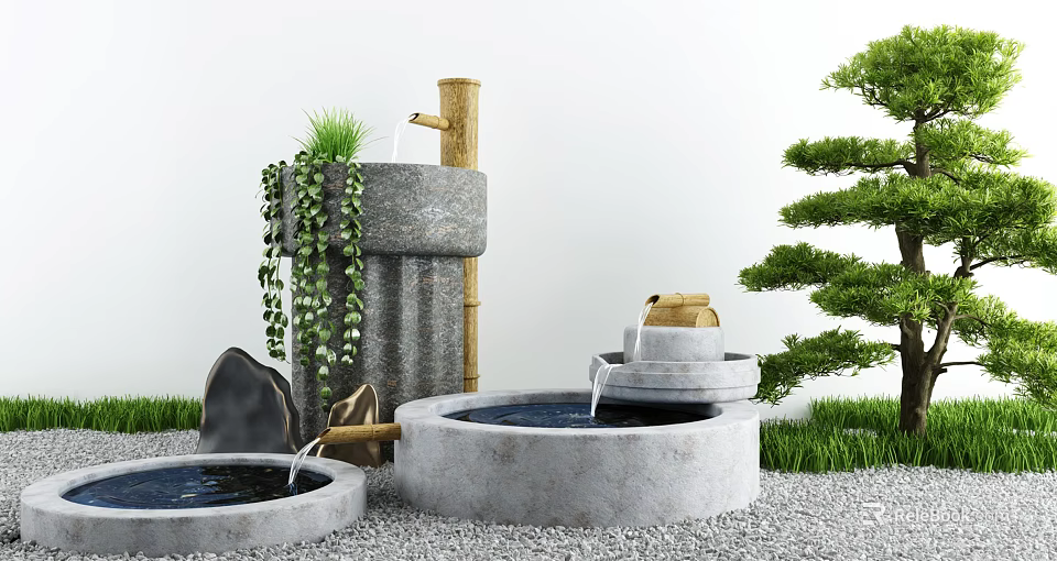 Karesansui Dry Landscape Garden Design With Stone Basin Bamboo Moss And Raked Gravel 3d model 