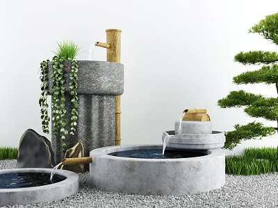 Karesansui Dry Landscape Garden Design With Stone Basin Bamboo Moss And Raked Gravel 3d model