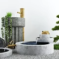Karesansui Dry Landscape Garden Design With Stone Basin Bamboo Moss And Raked Gravel