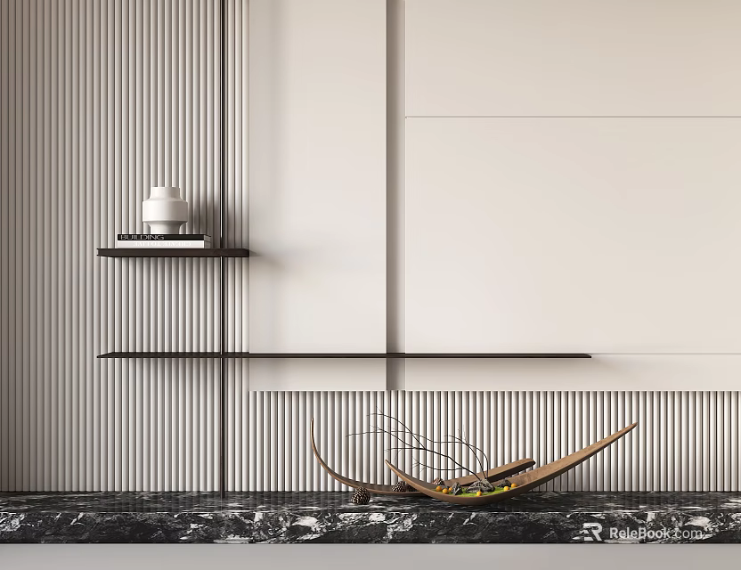 Modern Decorative Ornament Arrangement On Floating Shelves With Marble Countertop And Striped Wall Design 3d model 