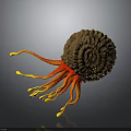 Spiral Shell Creature With Red Yellow Tentacles On Gray Background 3D Art 3d model