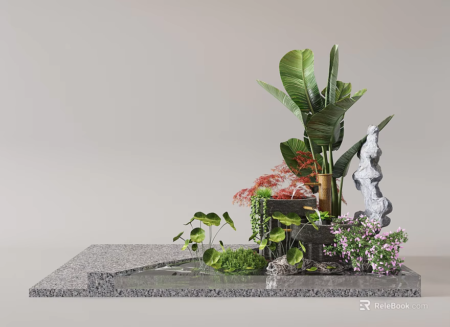 Indoor Landscape Design With Large Leafy Plants Small Water Feature Green Moss And Decorative Stones 3d model 