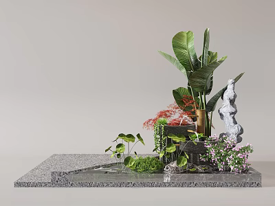 Indoor Landscape Design With Large Leafy Plants Small Water Feature Green Moss And Decorative Stones 3d model