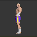 Bald Head Muscular Game Movie Character With Purple Shorts Yellow Belt White Wrist Guards