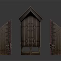 Wooden Scene Components with Gabled Top and Symmetrical Side Panels Textured Surface and Carved Details