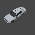 Rear View Of Dusty White Police Car With Exterior Police Lights And Badge