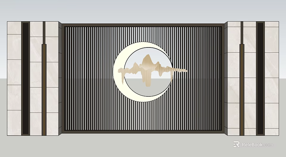 Modern Feature Wall Design With Circular Mountain Pattern Striped Background And Stone Accents 3d model