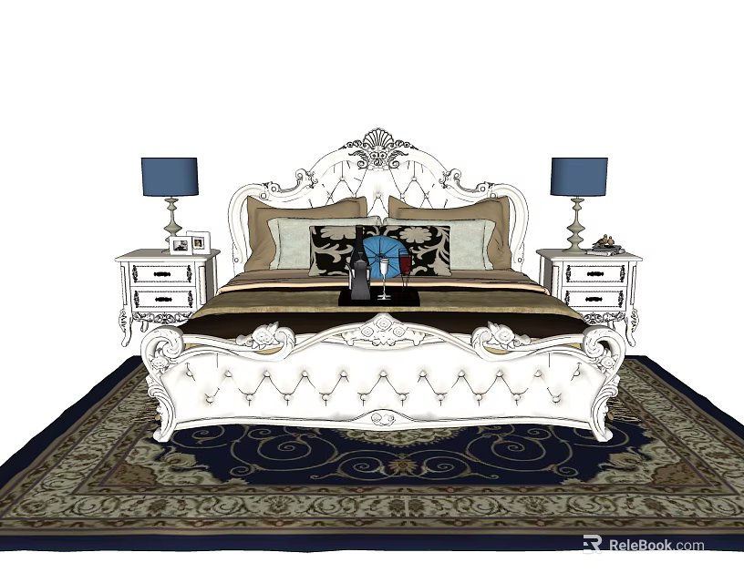 Classic Double Bed with Carved Headboard Pillows on Patterned Rug and Nightstands with Table Lamps 3d model 