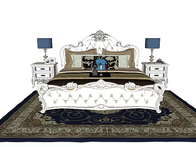 Classic Double Bed with Carved Headboard Pillows on Patterned Rug and Nightstands with Table Lamps 3d model