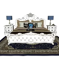Classic Double Bed with Carved Headboard Pillows on Patterned Rug and Nightstands with Table Lamps
