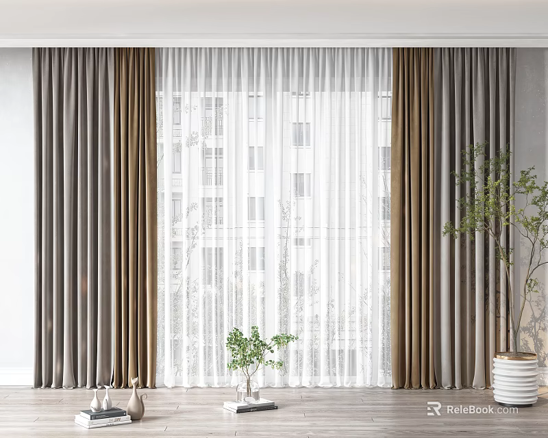 Modern Gray And Beige Curtains With Sheer White Layer And Indoor Plant On Wooden Floor 3d model 