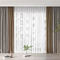Modern Gray And Beige Curtains With Sheer White Layer And Indoor Plant On Wooden Floor