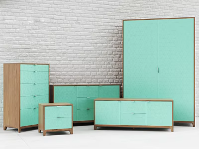 Modern Light Green Entryway Cabinet and Side Cabinet with Wooden Frame Against White Brick Wall 3d model