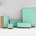 Modern Light Green Entryway Cabinet and Side Cabinet with Wooden Frame Against White Brick Wall
