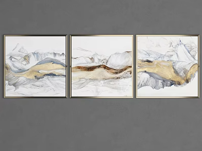 Three Abstract Mountain Landscape Paintings With Golden Frames On Gray Wall 3d model