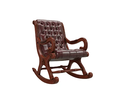 Classic Wooden Rocking Chair With Dark Leather Tufted Seat And Curved Armrests 3d model