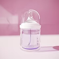 Transparent Baby Bottle With White Nipple Measurement Scale And Pink Background
