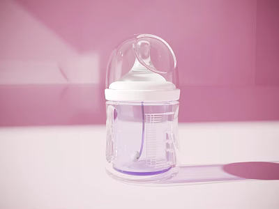 Transparent Baby Bottle With White Nipple Measurement Scale And Pink Background 3d model