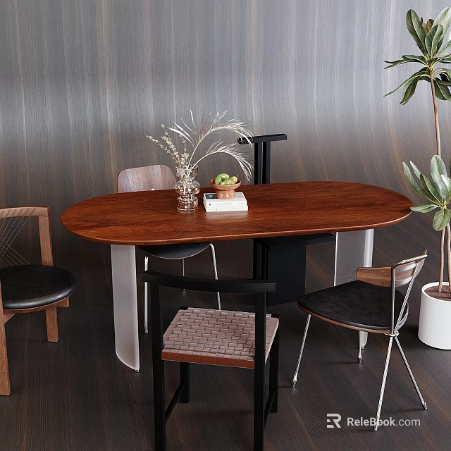 Elegant Oval Wooden Dining Table Set with Mixed Chairs Dried Flowers Fruits and Green Plant 3d model 