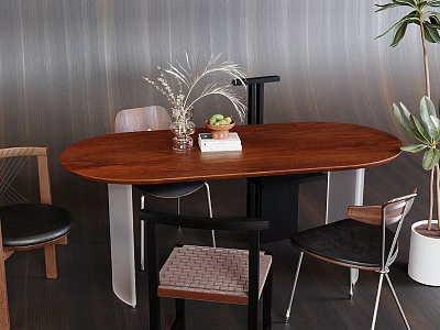 Elegant Oval Wooden Dining Table Set with Mixed Chairs Dried Flowers Fruits and Green Plant 3d model