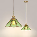 Illuminated Vintage Green Glass Pendant Lights With Gold Metal Bases And Bell Shaped Shades