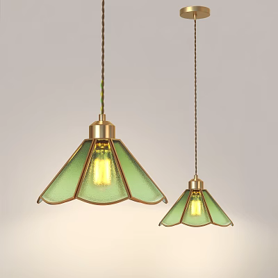 Illuminated Vintage Green Glass Pendant Lights With Gold Metal Bases And Bell Shaped Shades 3d model