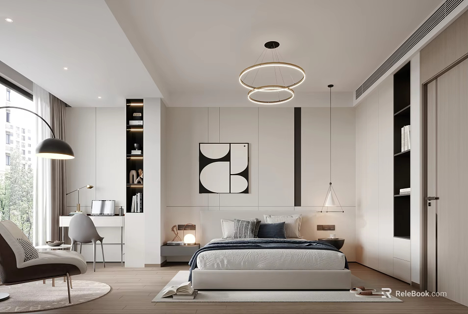 Modern Bedroom Interior With Bed Decorative Painting Bookshelves Work Desk And Pendant Lights 3d model 