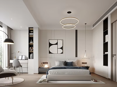 Modern Bedroom Interior With Bed Decorative Painting Bookshelves Work Desk And Pendant Lights 3d model