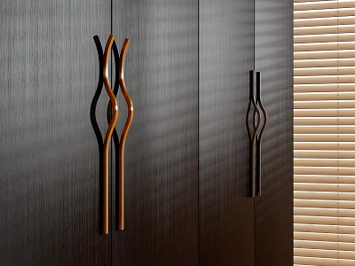 Curved Wooden And Metal Cabinet Handles In Brown Black On Dark Wood Panel 3d model