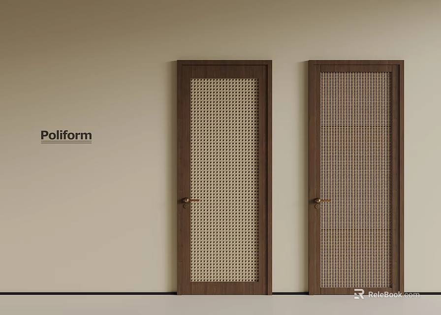 Poliform Double Wooden Doors With Grid Pattern On Light Beige Wall 3d model