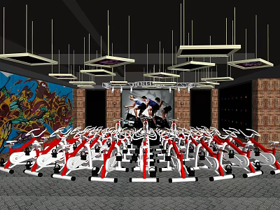 Indoor Cycling Fitness Studio With Multiple Spin Bikes And Graffiti Wall Design 3d model