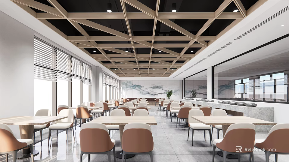 Modern Restaurant Interior Design With Wooden Beam Ceiling Neat Tables And Comfortable Chairs 3d model 