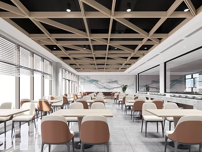 Modern Restaurant Interior Design With Wooden Beam Ceiling Neat Tables And Comfortable Chairs 3d model