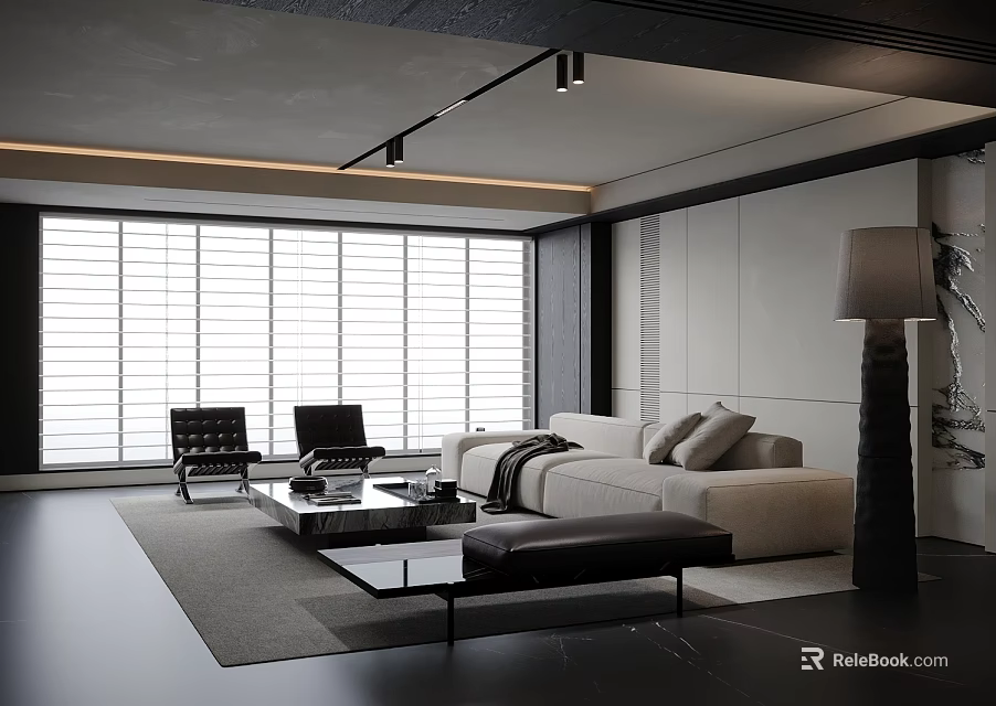 Modern Minimalist Sofa Coffee Table Set With Floor To Ceiling Windows And Living Room Rug 3d model