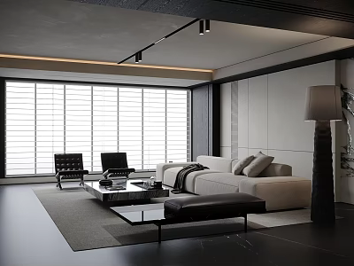 Modern Minimalist Sofa Coffee Table Set With Floor To Ceiling Windows And Living Room Rug 3d model