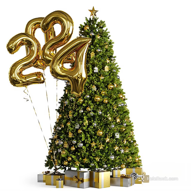 Christmas Decorations Set With Gold 2024 Balloons And Decorated Tree Ornaments 3d model 