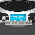 Modern Hi Tech Exhibition Hall Interior With Curved Design Blue Large Screens And White Tables Chairs
