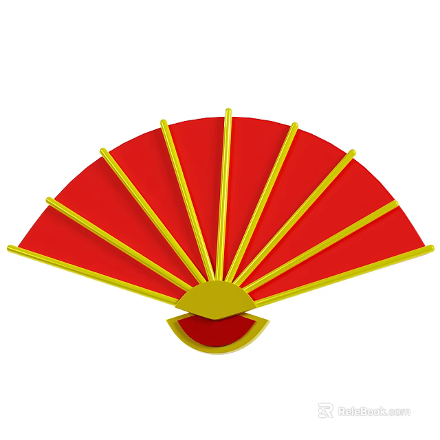 Chinese Style Red Fan Decorative Ornament Set With Yellow Ribs And Classic Design 3d model 