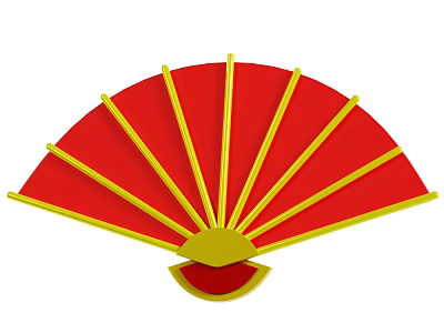 Chinese Style Red Fan Decorative Ornament Set With Yellow Ribs And Classic Design 3d model