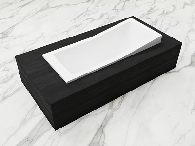 Modern Rectangular White Bathtub With Black Wooden Base On Marble Countertop 3d model