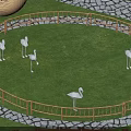 Swing Door In Wooden Fence Surrounding Circular Grassy Area With Flamingos