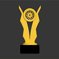 Golden Trophy Design With Winged Body Wheel Center And Black Base