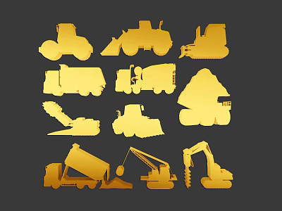 Collection Of Gold Construction Vehicle Silhouettes Including Bulldozers Trucks And Excavators 3d model