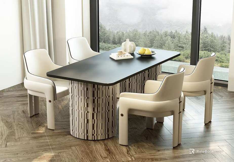 Modern Dining Table Set With Black Top Striped Base Cream White Chairs And Mountain View 3d model 