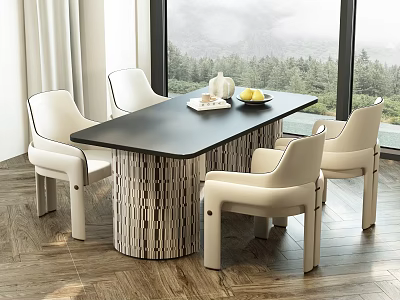 Modern Dining Table Set With Black Top Striped Base Cream White Chairs And Mountain View 3d model