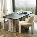 Modern Dining Table Set With Black Top Striped Base Cream White Chairs And Mountain View