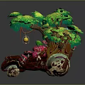 Tree Stump Plant Ornament with Green Leaves Red Mushrooms Small Lantern and Snail Shell Base