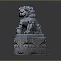 Traditional Chinese Stone Lion Statue With Intricate Carved Pedestal Base