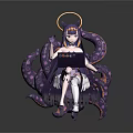 3D Model Game and Movie Character with Purple Hair Halo Tentacles White Wings and Tablet