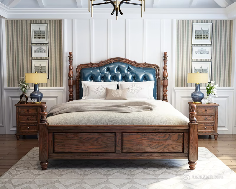Background Double Bed With Blue Tufted Headboard Wooden Frame Bedside Tables Lamps Vases Striped Wallpaper 3d model 